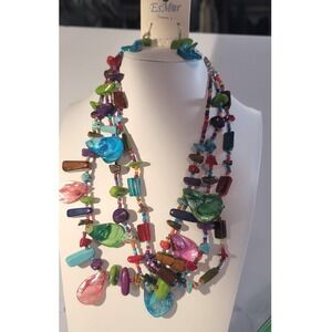 EsMor Layered Beaded Statement Necklace Earrings Set Multi Color Shell Boho